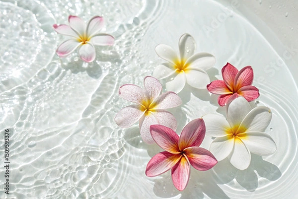 Obraz Bird's-eye view. Summer flowers floating on water. Copy space. white background.  studio photo.