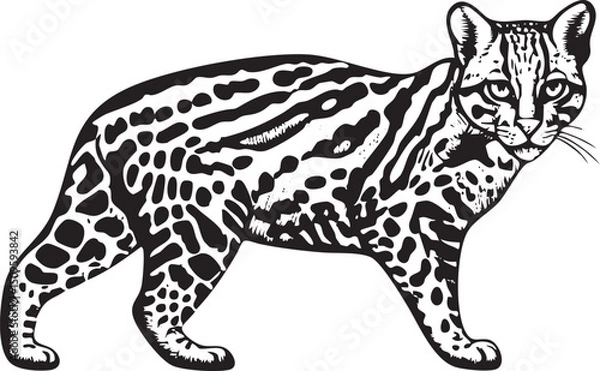 Fototapeta solitary ocelot stands alert in a shadowy setting.