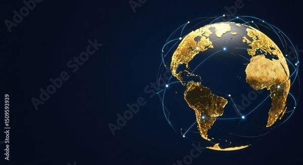 Obraz Golden globe with connected nodes and glowing lines, business networking concept