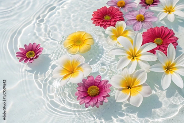 Obraz Bird's-eye view. Summer flowers floating on water. Copy space. white background.  studio photo.