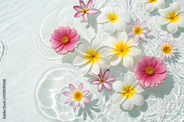 Obraz Bird's-eye view. Summer flowers floating on water. Copy space. white background.  studio photo.