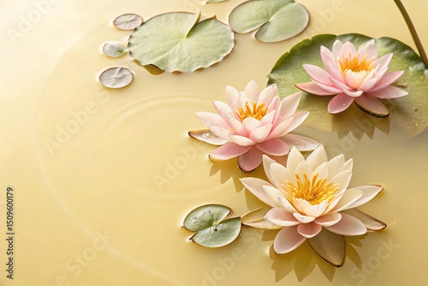 Obraz Bird's-eye view. few lotus floating on water. a lot of Copy space on the center. light yellow  background.  studio photo.