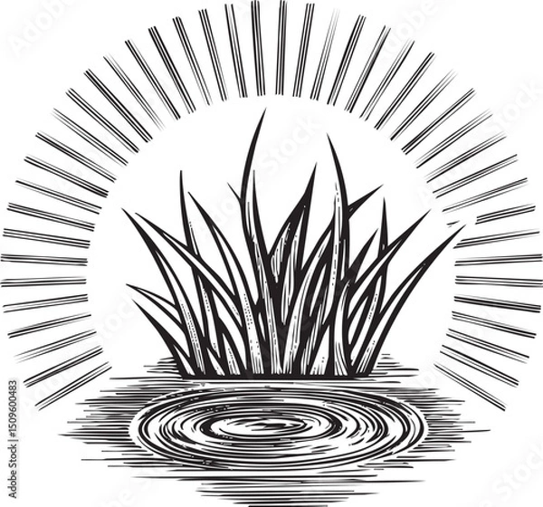 Fototapeta tall grass stalk rises from a still body of water illuminated by a radiant sun.