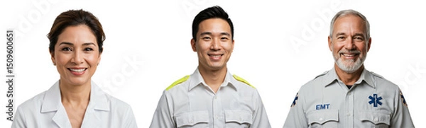 Fototapeta Diverse team of smiling healthcare professionals. Portraits of a Hispanic female doctor, a young Asian male paramedic, and a senior Caucasian male EMT against a transparent background.