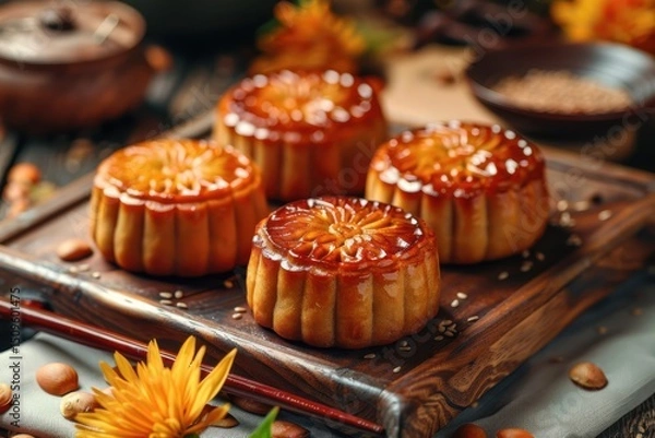 Obraz Delightful mooncakes create a festive atmosphere during the Mid-Autumn Festival celebration