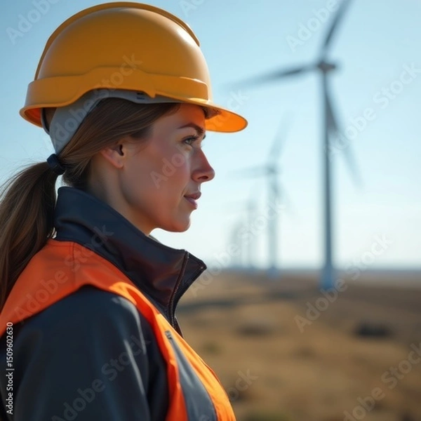 Fototapeta Engineer Overseeing Wind Turbine Farm. Ideal for illustrating articles on sustainable development, careers in renewable energy