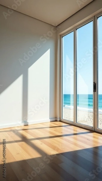 Fototapeta Empty Modern Interior Overlooking Tropical Beach. Suitable for use in interior design magazines, architectural portfolios, or marketing materials for vacation rentals