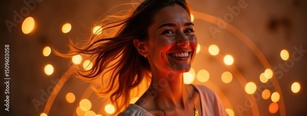 Fototapeta Radiant Expression in Blurred Lights Background. Suitable for use in advertisements for events, social media campaigns promoting positive emotions