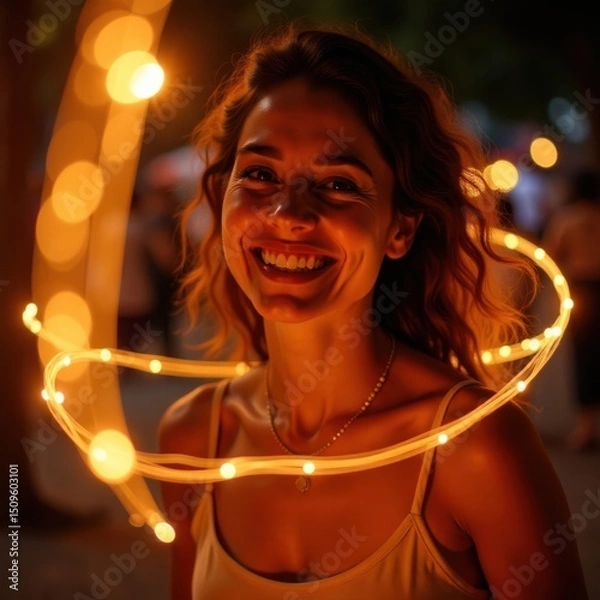 Fototapeta Joyful Woman with Dynamic Light Trails. Perfect for illustrating concepts of celebration, positive outcomes, festive events, or dynamic and joyful experiences