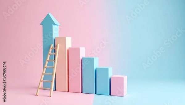 Fototapeta Image of a character climbing a ladder in the background, with a growing bar chart showing a growth rate next to it