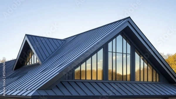 Fototapeta Modern, dark-hued roof with a triangular skylight.