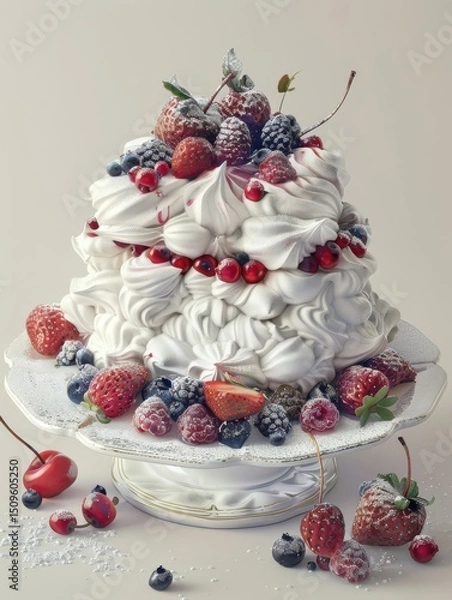 Obraz Delicious pavlova dessert topped with berries and cream for a stunning culinary presentation