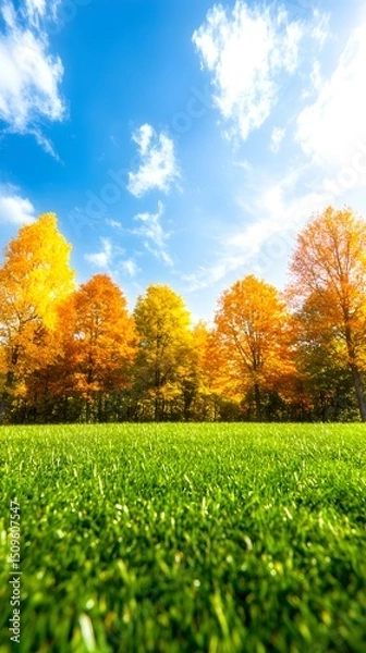 Obraz Vibrant autumn foliage of gold and yellow trees against a bright blue sky, viewed from a low perspective over a lush green lawn