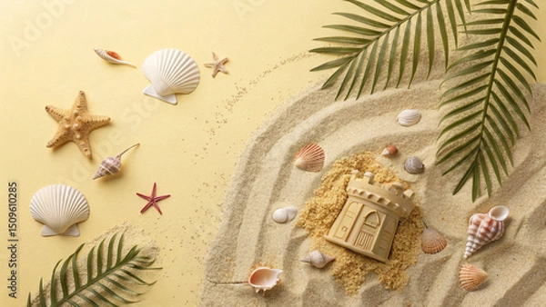 Obraz Summer frame with sand and decorations. Yellow background. Photo from above.