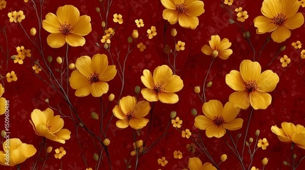 Obraz Floral pattern with yellow flowers on a deep red background.
