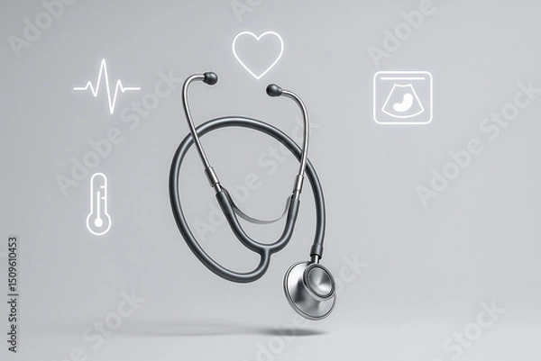 Fototapeta Floating stethoscope encircled by glowing medical icons—heartbeat line, heart outline, thermometer, and ultrasound symbol - Generative AI 