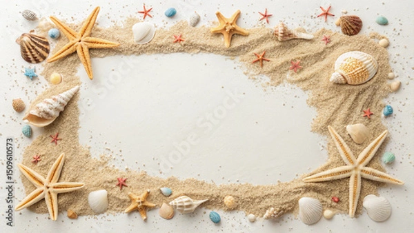 Obraz Summer frame with sand and decorations. white background. Photo from above.