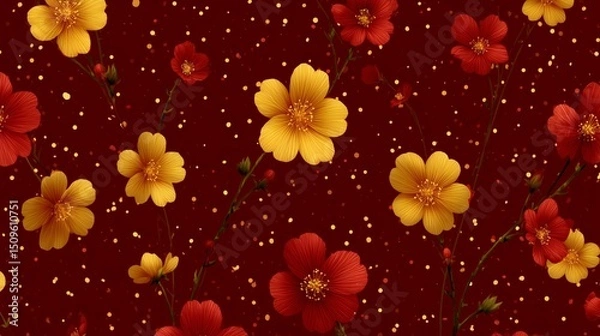 Obraz Floral pattern with yellow and red flowers on a dark background.