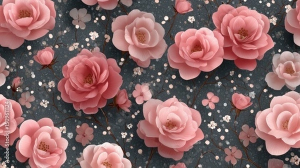 Obraz Vibrant floral pattern with pink roses on a dark background.