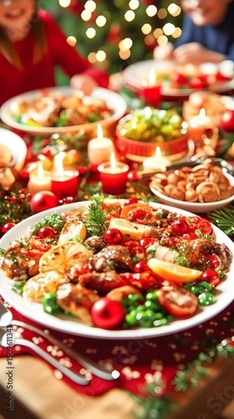 Fototapeta Festive Christmas dinner table scene, showcasing a roasted meat dish with vegetables, surrounded by candles, ornaments, and partially visible family members enjoying the meal