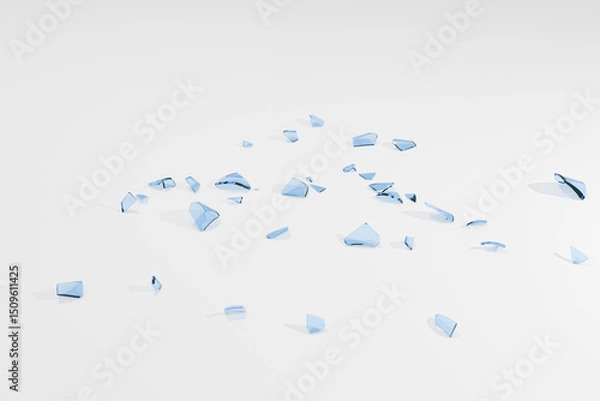 Obraz 白い床の上に散らばった青いガラスの破片