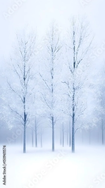 Fototapeta Three frost-covered trees stand in a hazy, snowy landscape, their branches delicately outlined against a pale blue sky