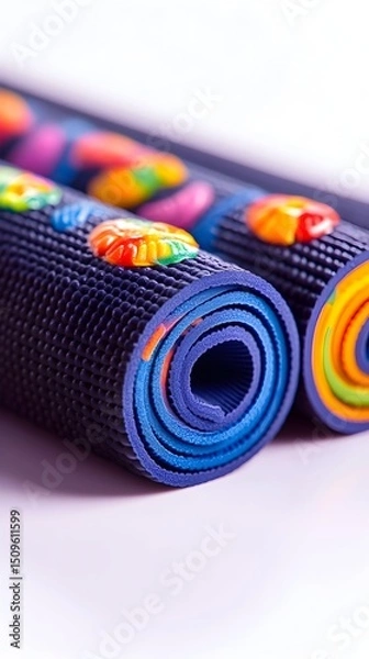 Fototapeta Two rolled-up exercise mats, dark purple with colorful fruit designs, lie on a white surface