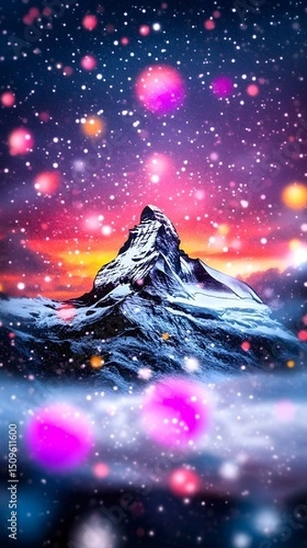 Fototapeta Snow-capped peak at sunset, vibrant bokeh lights and falling snow create a magical, dreamlike atmosphere