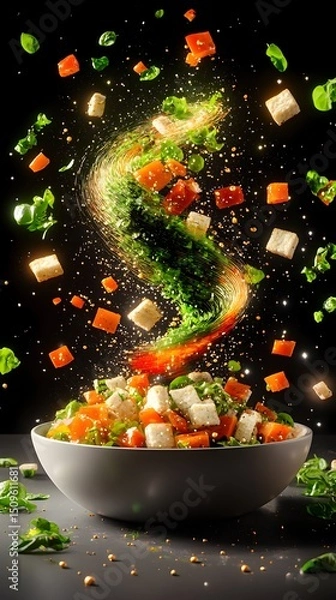 Fototapeta Vibrant salad ingredients in dynamic motion, swirling into a bowl against a dark background