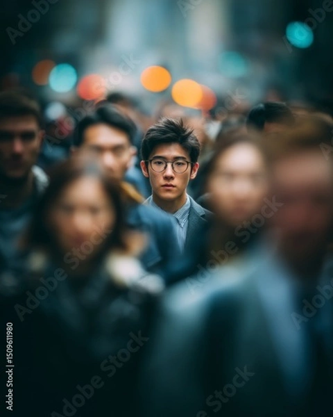 Obraz Blurred photo of business people in motion, a young Asian man with glasses standing out from the crowd, a busy street background