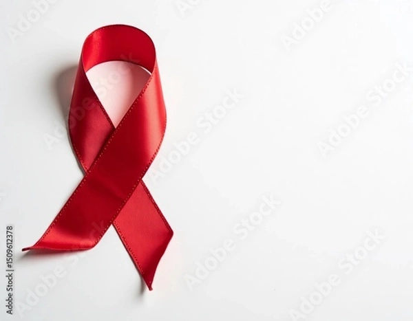 Obraz Elevated view of a red awareness ribbon lying on a bright white surface symbolizing health concerns.