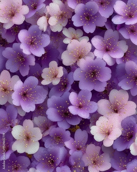 Obraz Vibrant purple flowers with intricate white outlines on a dark background.