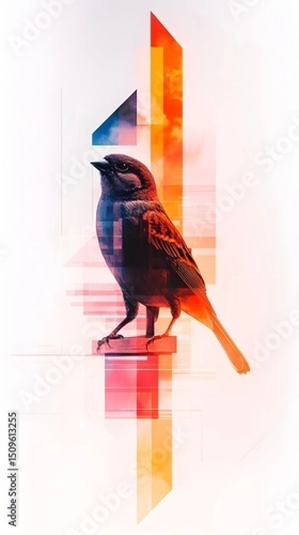 Fototapeta A dark bird perched on a geometric, abstract, colorful structure against a white background.  The image uses a blend of realism and digital art techniques