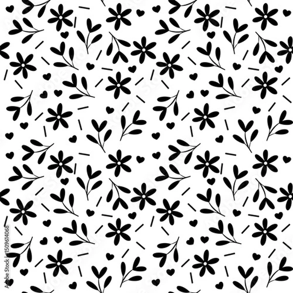 Obraz Seamless Black and White Floral Pattern Vector with Heart Elements – Hand Drawn Botanical Design
