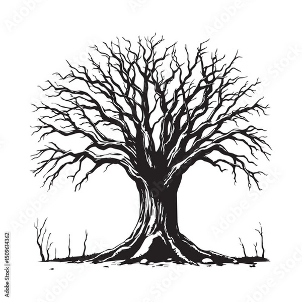 Obraz Branched tree without leaves, sketch. Engraved large growing oak. Nature concept. Hand drawn vintage vector illustration
