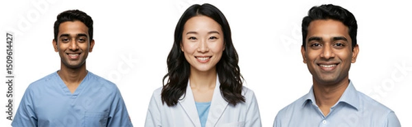 Fototapeta Diverse group of young professionals, including two South Asian men and an East Asian woman, smiling confidently. Portraits of medical and business staff on a transparent background.