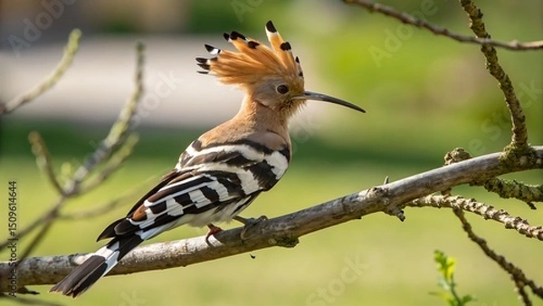 Fototapeta Hoopoe bird perched on a branch with green background scenery