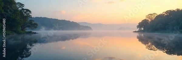 Fototapeta Serene waterfront scene at dawn, mist clinging to the calm water, reflecting the soft morning light on the tranquil surface Ideal for travel, nature, and serenity themes , breathtaking, sunrise