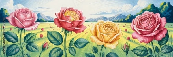 Fototapeta Beautiful roses bloom vibrantly in a tranquil field surrounded by majestic mountains and a clear blue sky