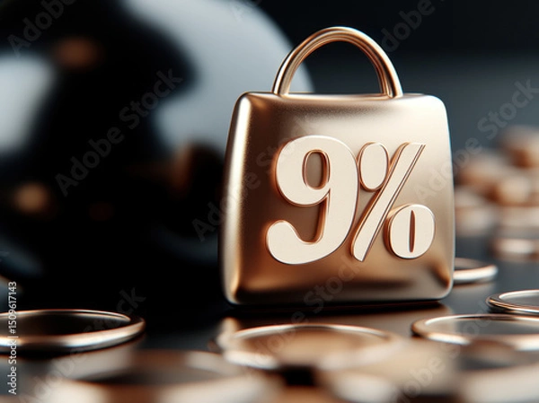 Fototapeta Shiny bronze bag with 9% symbol stands prominently among scattered gold coins, creating sense of wealth and prosperity. background is dark, enhancing metallic sheen