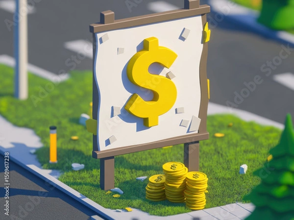 Fototapeta Vibrant sign featuring large dollar symbol stands prominently grassy area, surrounded by scattered coins. scene captures playful and colorful representation of wealth and finance, set against
