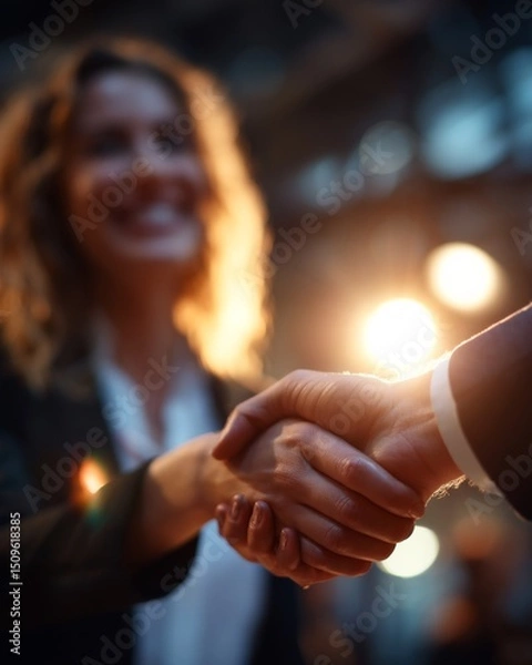 Obraz Two businesswomen shaking hands in agreement in a warm-lit modern setting