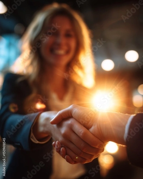 Obraz Two businesswomen shaking hands in agreement in a warm-lit modern setting
