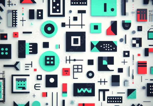 Fototapeta Abstract geometric shapes and dots create vibrant background, showcasing mix of colors and patterns that evoke sense of creativity and modern design