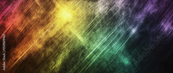 Fototapeta Vibrant rainbow gradient with textured appearance featuring streaks of color including yellow orange red green blue and purple against dark background creating dynamic visual effect