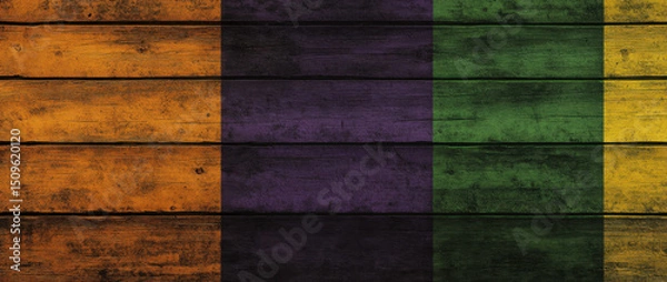 Fototapeta Colorful wooden planks in orange, purple, and green create vibrant background, evoking festive atmosphere. textured surface adds depth and character to design