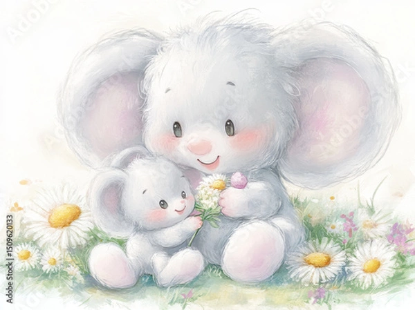 Fototapeta Cute smiling animals sitting on grass, two adorable elephants surrounded by flowers, expressing joy and love in vibrant, colorful setting