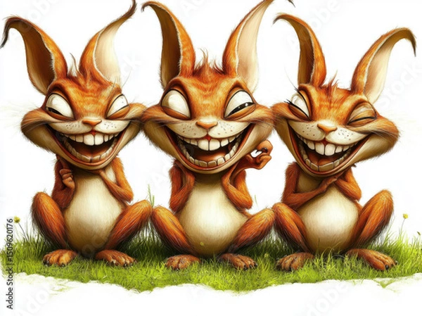 Fototapeta Cute smiling animals sitting on grass, featuring three cheerful cartoon rabbits with vibrant orange fur and playful expressions. Their joyful demeanor brings sense of happiness and fun