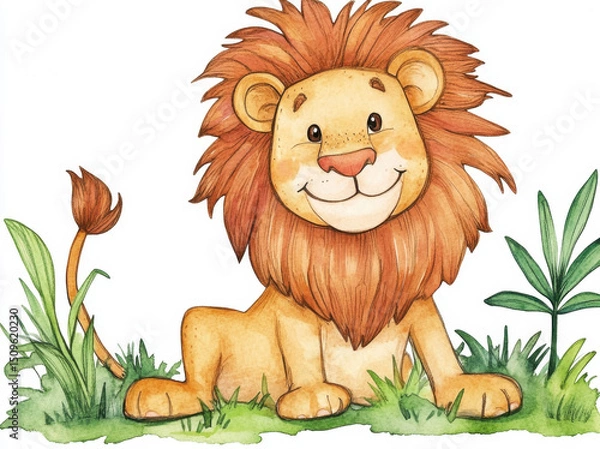 Fototapeta Cute smiling lion sitting on grass with vibrant green plants around. This adorable illustration captures playful spirit of wildlife, evoking joy and warmth