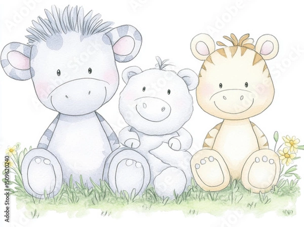 Fototapeta Cute smiling animals sitting on grass, featuring zebra, bear, and tiger, all with adorable expressions. This charming illustration evokes joy and warmth
